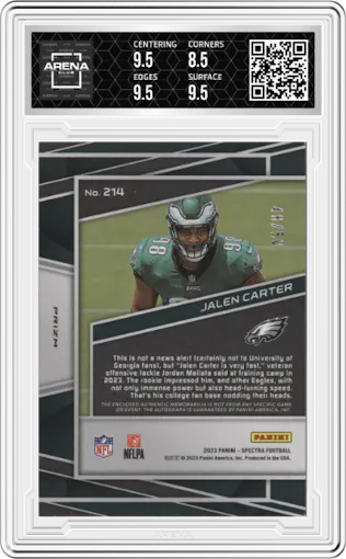 Jalen Carter from the 2023 Panini Spectra set featuring a Neon Blue parallel graded by Arena Club and given an overall grade of 9.