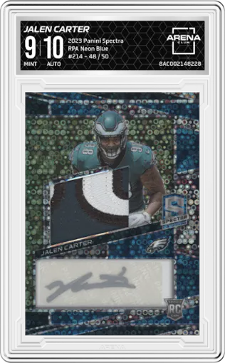 Jalen Carter from the 2023 Panini Spectra set featuring a Neon Blue parallel graded by Arena Club and given an overall grade of 9.