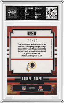 Darrell Green from the 2008 Playoff Absolute Memorabilia set featuring a Spectrum parallel graded by Arena Club and given an overall grade of 8.5.