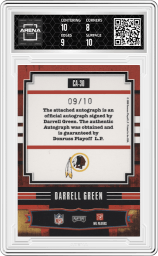 Darrell Green from the 2008 Playoff Absolute Memorabilia set featuring a Spectrum parallel graded by Arena Club and given an overall grade of 8.5.