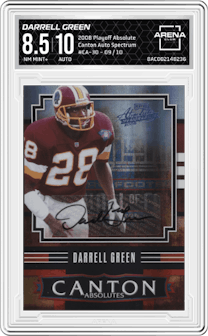 Darrell Green from the 2008 Playoff Absolute Memorabilia set featuring a Spectrum parallel graded by Arena Club and given an overall grade of 8.5.