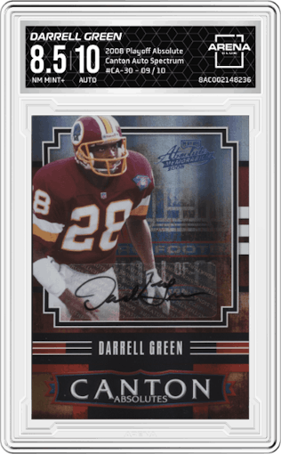 Darrell Green from the 2008 Playoff Absolute Memorabilia set featuring a Spectrum parallel graded by Arena Club and given an overall grade of 8.5.