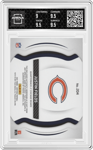 Justin Fields from the 2021 Panini Certified set featuring a Mirror Bronze parallel graded by Arena Club and given an overall grade of 9.5.