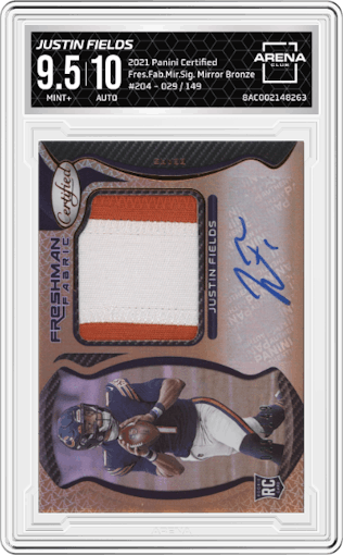 Justin Fields from the 2021 Panini Certified set featuring a Mirror Bronze parallel graded by Arena Club and given an overall grade of 9.5.