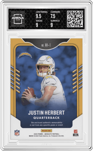 Justin Herbert from the 2022 Panini Absolute set featuring a Gold parallel graded by Arena Club and given an overall grade of 8.