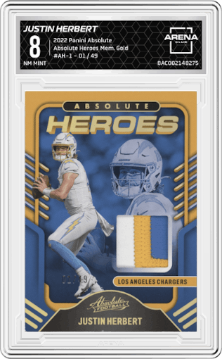 Justin Herbert from the 2022 Panini Absolute set featuring a Gold parallel graded by Arena Club and given an overall grade of 8.