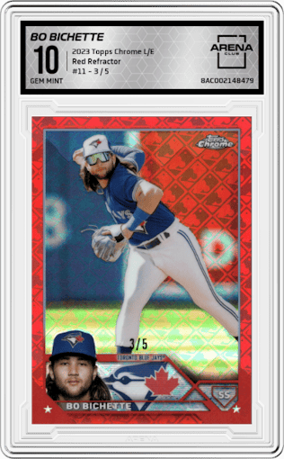 Bo Bichette from the 2023 Topps Chrome Logofractor Edition set featuring a Red Refractor parallel graded by Arena Club and given an overall grade of 10.