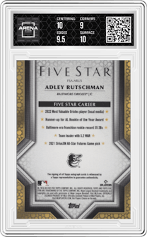Adley Rutschman from the 2023 Topps Five Star set featuring a Blue parallel graded by Arena Club and given an overall grade of 9.5.