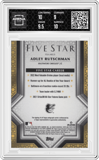 Adley Rutschman from the 2023 Topps Five Star set featuring a Blue parallel graded by Arena Club and given an overall grade of 9.5.