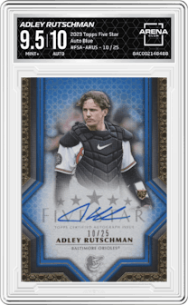 Adley Rutschman from the 2023 Topps Five Star set featuring a Blue parallel graded by Arena Club and given an overall grade of 9.5.
