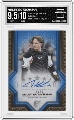 Adley Rutschman from the 2023 Topps Five Star set featuring a Blue parallel graded by Arena Club and given an overall grade of 9.5.