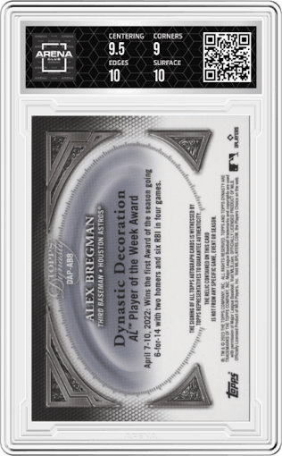 Alex Bregman from the 2023 Topps Dynasty set graded by Arena Club and given an overall grade of 9.5.