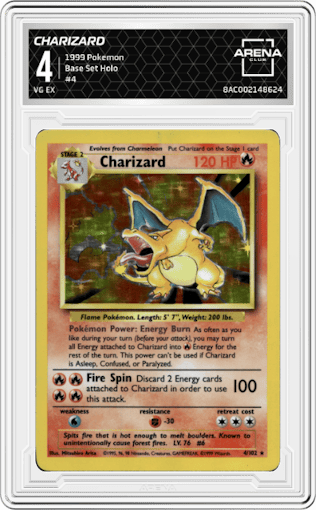 Charizard from the 1999 Pokemon set graded by Arena Club and given an overall grade of 4.
