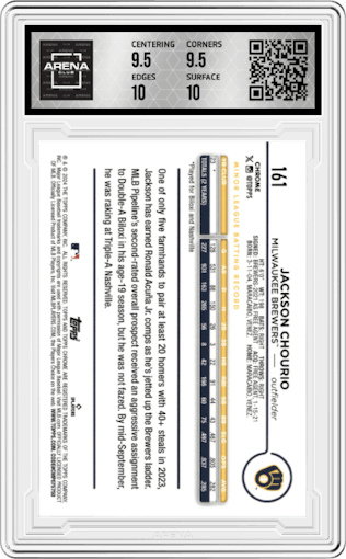 Jackson Chourio from the 2024 Topps Chrome set graded by Arena Club and given an overall grade of 10.