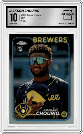 Jackson Chourio from the 2024 Topps Chrome set graded by Arena Club and given an overall grade of 10.