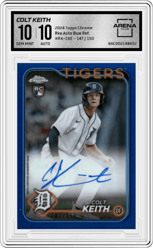 Colt Keith from the 2024 Topps Chrome set featuring a Blue Refractor parallel graded by Arena Club and given an overall grade of 10.
