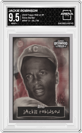 Jackie Robinson from the 2024 Topps MLB at Rickwood Field Negro Leagues Collection set featuring a Silver Border parallel graded by Arena Club and given an overall grade of 9.5.