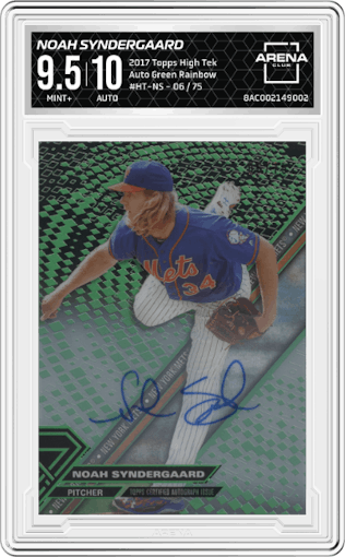 Noah Syndergaard from the 2017 Topps High Tek set featuring a Green Rainbow parallel graded by Arena Club and given an overall grade of 9.5.