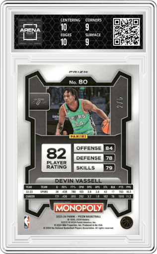 Devin Vassell from the 2023-24 Panini Prizm Monopoly set featuring a  Pink Millionaire Shimmer parallel graded by Arena Club and given an overall grade of 9.5.