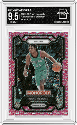 Devin Vassell from the 2023-24 Panini Prizm Monopoly set featuring a  Pink Millionaire Shimmer parallel graded by Arena Club and given an overall grade of 9.5.