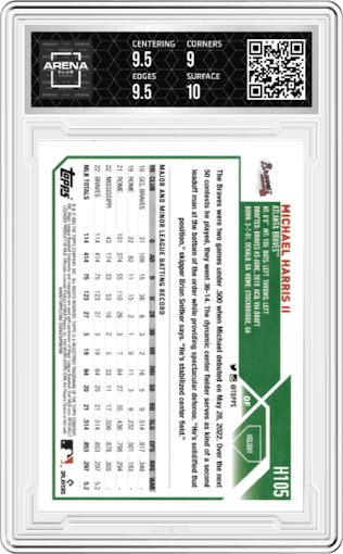 Michael Harris II  from the 2023 Topps Holiday set featuring a Metallic parallel graded by Arena Club and given an overall grade of 9.5.