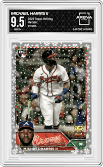 Michael Harris II  from the 2023 Topps Holiday set featuring a Metallic parallel graded by Arena Club and given an overall grade of 9.5.