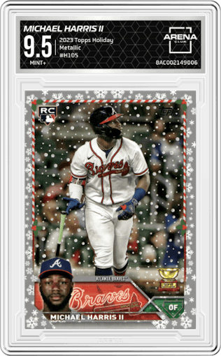 Michael Harris II  from the 2023 Topps Holiday set featuring a Metallic parallel graded by Arena Club and given an overall grade of 9.5.