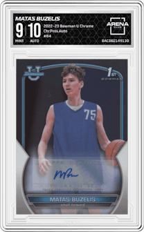 Matas Buzelis from the 2022-23 Bowman University Chrome set graded by Arena Club and given an overall grade of 9.