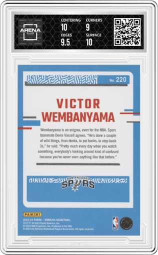 Victor Wembanyama from the 2023-24 Panini Donruss set graded by Arena Club and given an overall grade of 9.5.