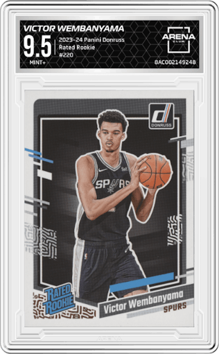 Victor Wembanyama from the 2023-24 Panini Donruss set graded by Arena Club and given an overall grade of 9.5.