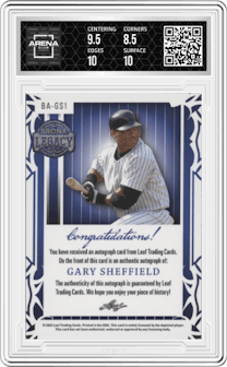 Gary Sheffield from the 2023 Leaf A Bronx Legacy set featuring a Bronze Holofoil parallel graded by Arena Club and given an overall grade of 9.