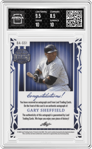 Gary Sheffield from the 2023 Leaf A Bronx Legacy set featuring a Bronze Holofoil parallel graded by Arena Club and given an overall grade of 9.