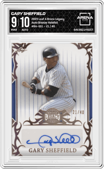 Gary Sheffield from the 2023 Leaf A Bronx Legacy set featuring a Bronze Holofoil parallel graded by Arena Club and given an overall grade of 9.