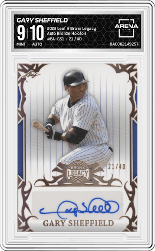 Gary Sheffield from the 2023 Leaf A Bronx Legacy set featuring a Bronze Holofoil parallel graded by Arena Club and given an overall grade of 9.