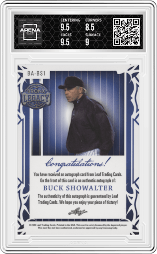 Buck Showalter from the 2023 Leaf A Bronx Legacy set featuring a Bronze Holofoil parallel graded by Arena Club and given an overall grade of 9.