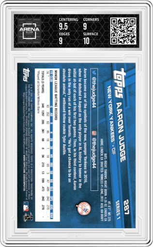 Aaron Judge from the 2017 Topps Series 1 set graded by Arena Club and given an overall grade of 9.5.