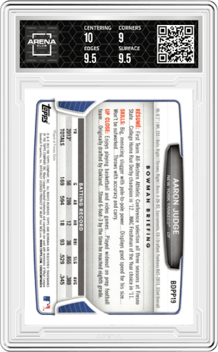Aaron Judge from the 2013 Bowman Draft Picks & Prospects set graded by Arena Club and given an overall grade of 9.5.