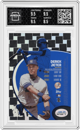  Derek Jeter from the 1998 Topps Tek set featuring a Pattern 9 parallel graded by Arena Club and given an overall grade of 9.