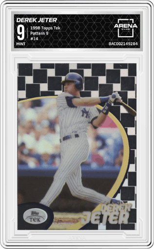  Derek Jeter from the 1998 Topps Tek set featuring a Pattern 9 parallel graded by Arena Club and given an overall grade of 9.