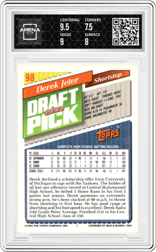 Derek Jeter from the 1993 Topps set graded by Arena Club and given an overall grade of 8.
