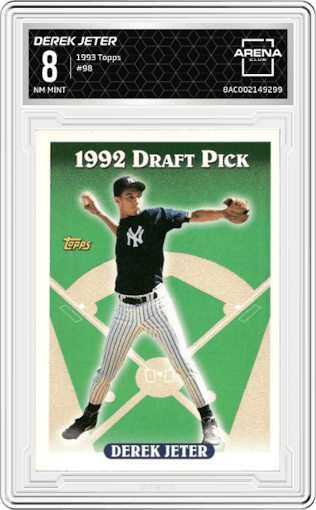 Derek Jeter from the 1993 Topps set graded by Arena Club and given an overall grade of 8.