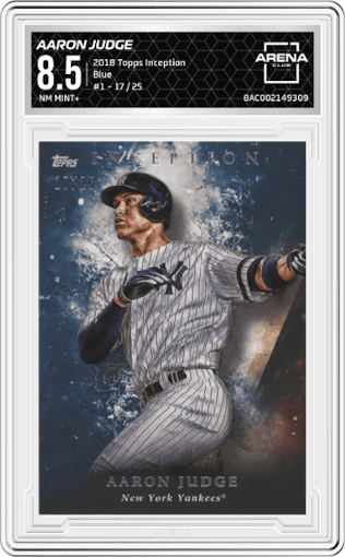 Aaron Judge from the 2018 Topps Inception set featuring a Blue parallel graded by Arena Club and given an overall grade of 8.5.