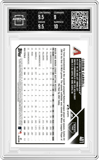 Corbin Carroll from the 2023 Topps Series 2 set featuring a Gold parallel graded by Arena Club and given an overall grade of 9.5.