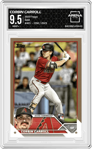 Corbin Carroll from the 2023 Topps Series 2 set featuring a Gold parallel graded by Arena Club and given an overall grade of 9.5.