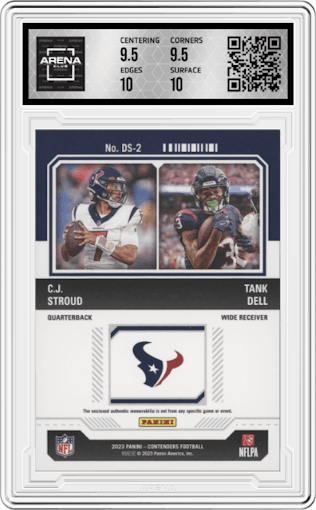 C.J. Stroud/Tank Dell from the 2023 Panini Contenders set graded by Arena Club and given an overall grade of 10.