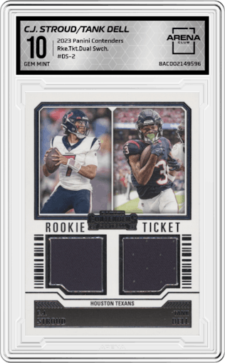 C.J. Stroud/Tank Dell from the 2023 Panini Contenders set graded by Arena Club and given an overall grade of 10.