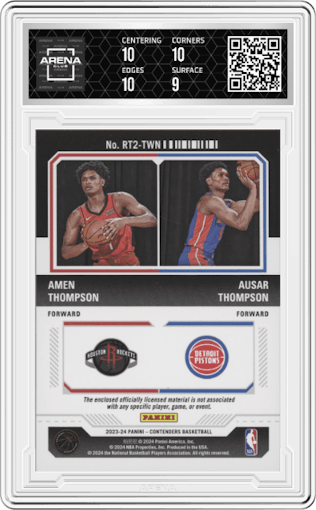 Amen Thompson/Ausar Thompson from the 2023-24 Panini Contenders set graded by Arena Club and given an overall grade of 9.5.