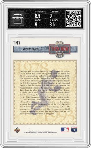 Ozzie Smith from the 1993 Upper Deck set graded by Arena Club and given an overall grade of 9.