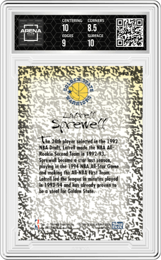 Latrell Sprewell from the 1994-95 SkyBox NBA Hoops set graded by Arena Club and given an overall grade of 9.