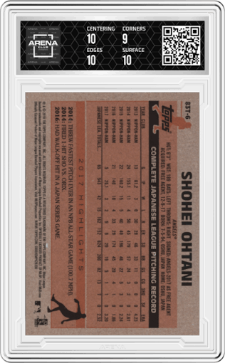 Shohei Ohtani from the 2018 Topps Chrome set graded by Arena Club and given an overall grade of 9.5.